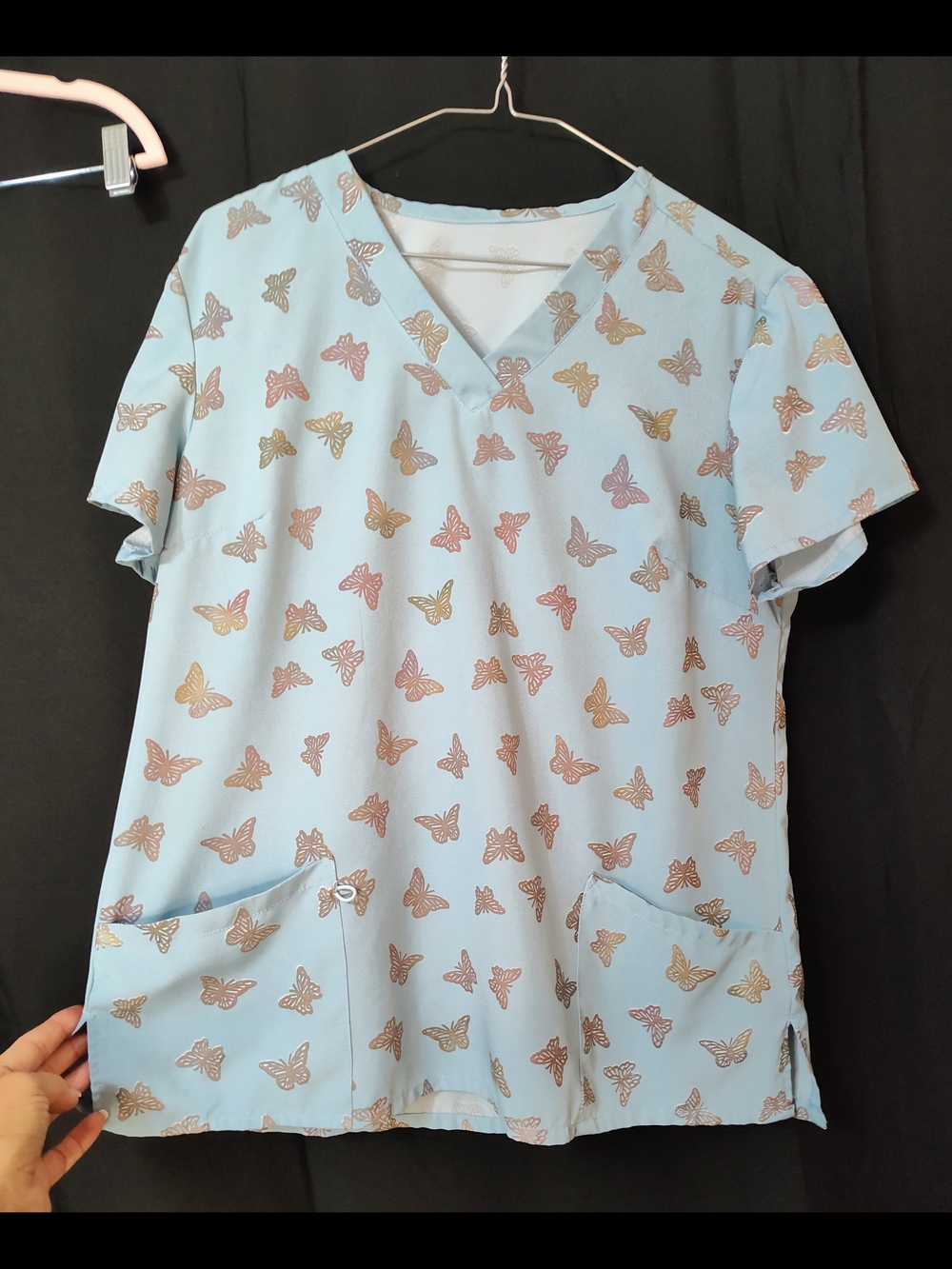 Source Unknown Light Blue Butterfly Print Short Sleeve Top